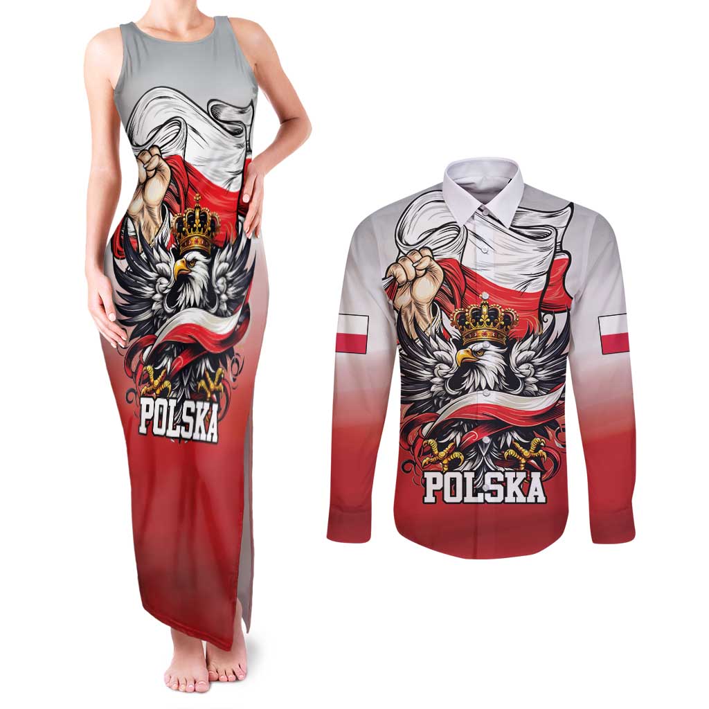 Poland Independence Day Couples Matching Tank Maxi Dress and Long Sleeve Button Shirt Polska White Eagle and Flag Style - Wonder Print Shop