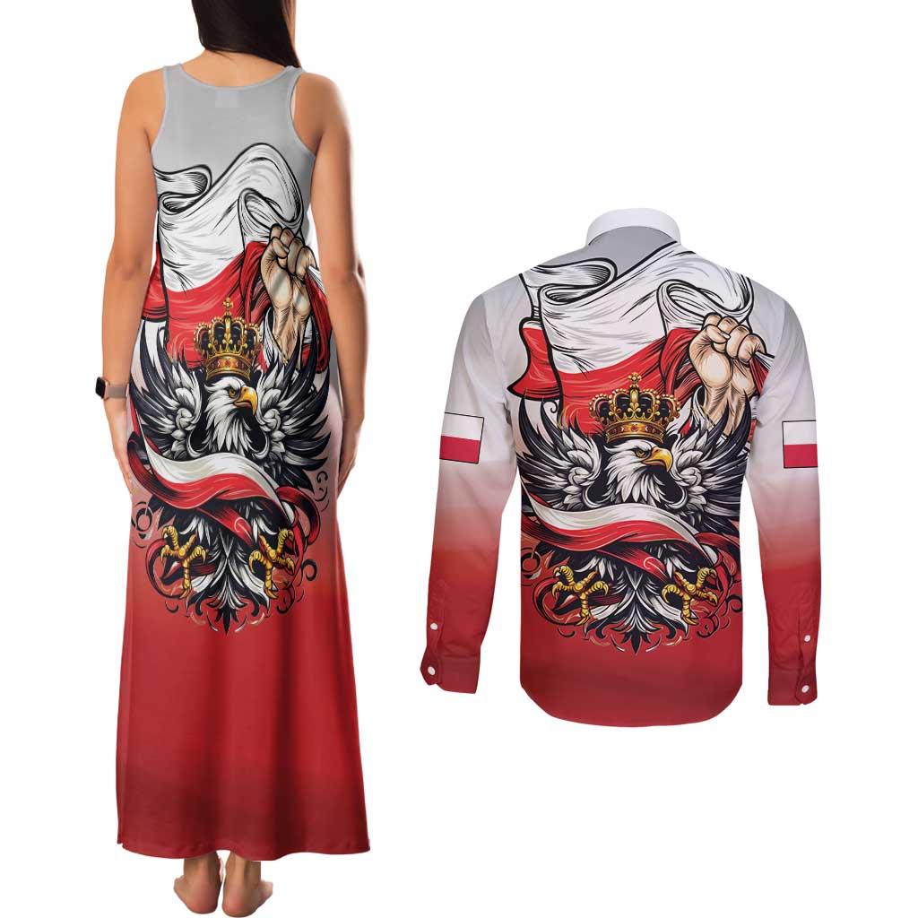 Poland Independence Day Couples Matching Tank Maxi Dress and Long Sleeve Button Shirt Polska White Eagle and Flag Style - Wonder Print Shop