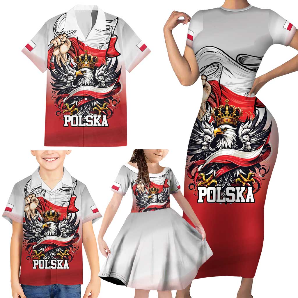 Poland Independence Day Family Matching Short Sleeve Bodycon Dress and Hawaiian Shirt Polska White Eagle and Flag Style - Wonder Print Shop
