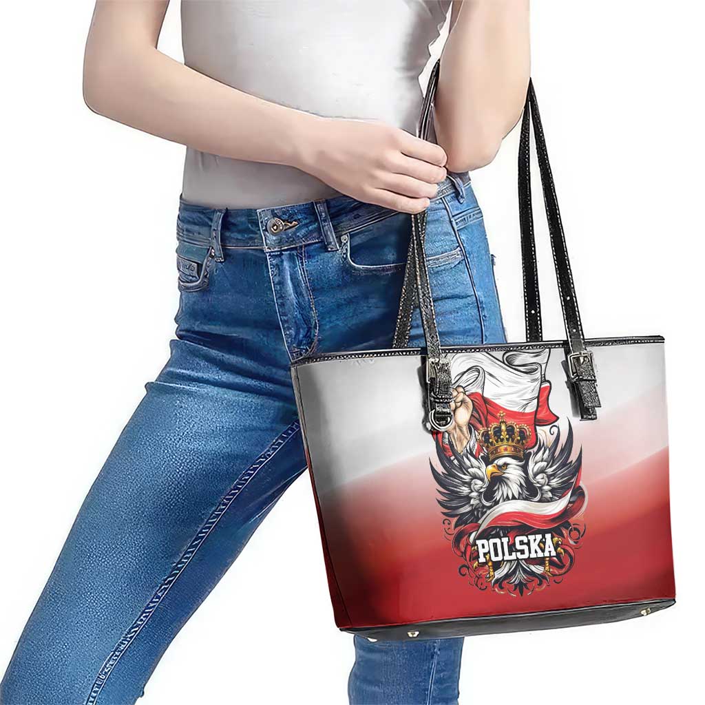 Poland Independence Day Leather Tote Bag Polska White Eagle and Flag Style - Wonder Print Shop