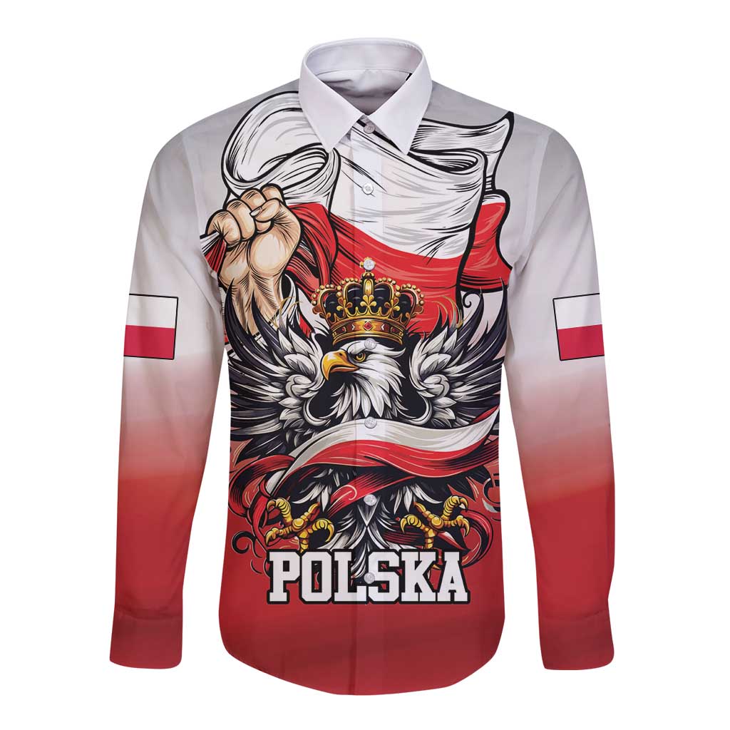 Poland Independence Day Long Sleeve Button Shirt Polska White Eagle and Flag Style - Wonder Print Shop
