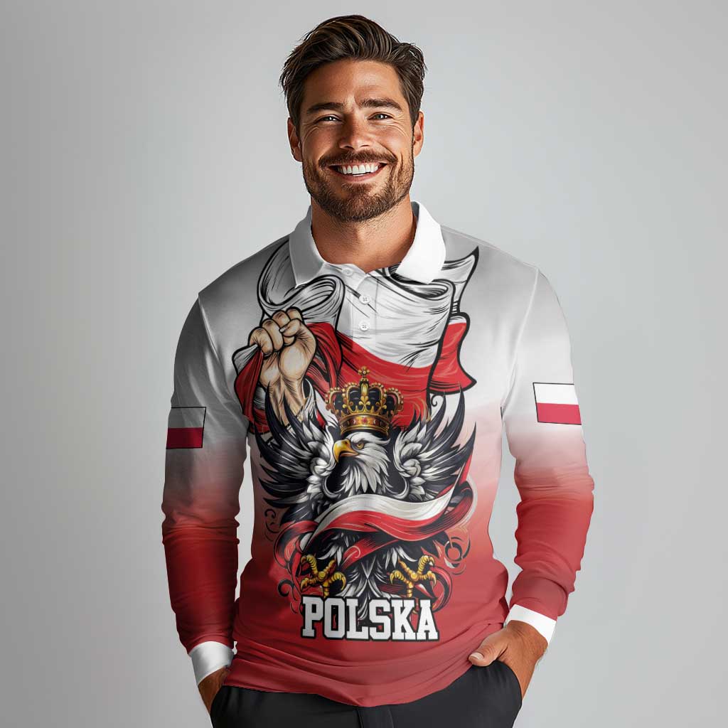 Poland Independence Day Long Sleeve Polo Shirt Polska White Eagle and Flag Style - Wonder Print Shop