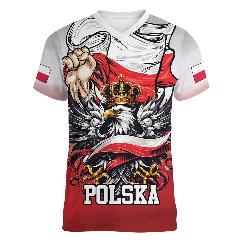 Poland Independence Day Women V-Neck T-Shirt Polska White Eagle and Flag Style - Wonder Print Shop