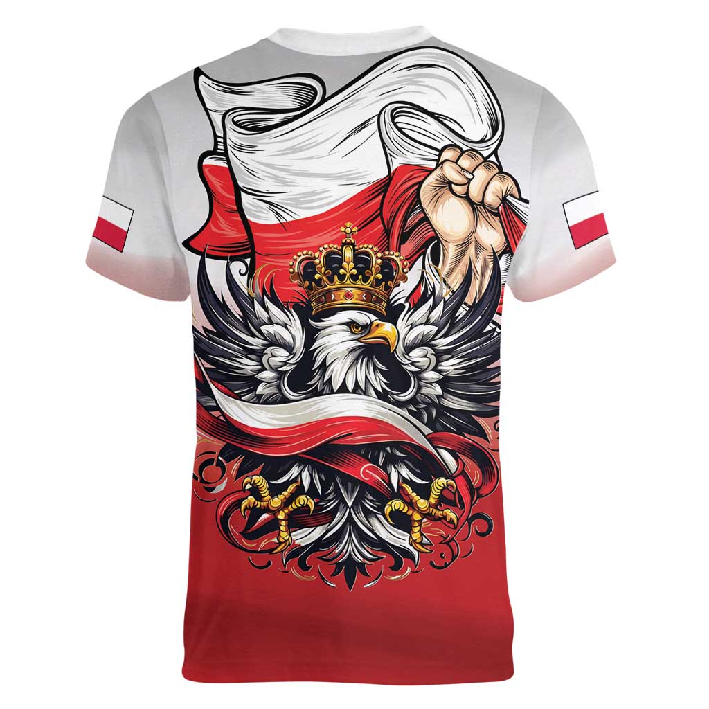 Poland Independence Day Women V-Neck T-Shirt Polska White Eagle and Flag Style - Wonder Print Shop