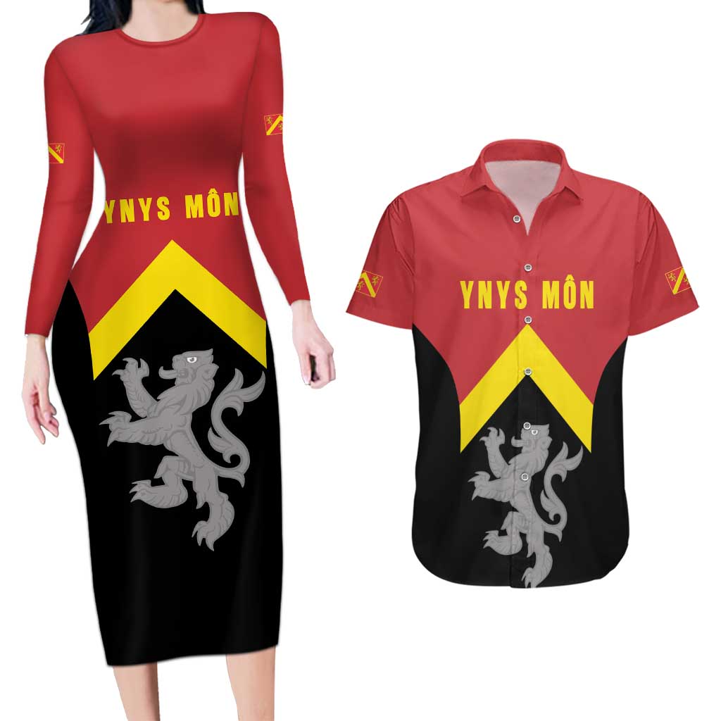 Personalised Anglesey Wales Couples Matching Long Sleeve Bodycon Dress and Hawaiian Shirt Ynys Mon Welsh Lion Flag Design - Wonder Print Shop