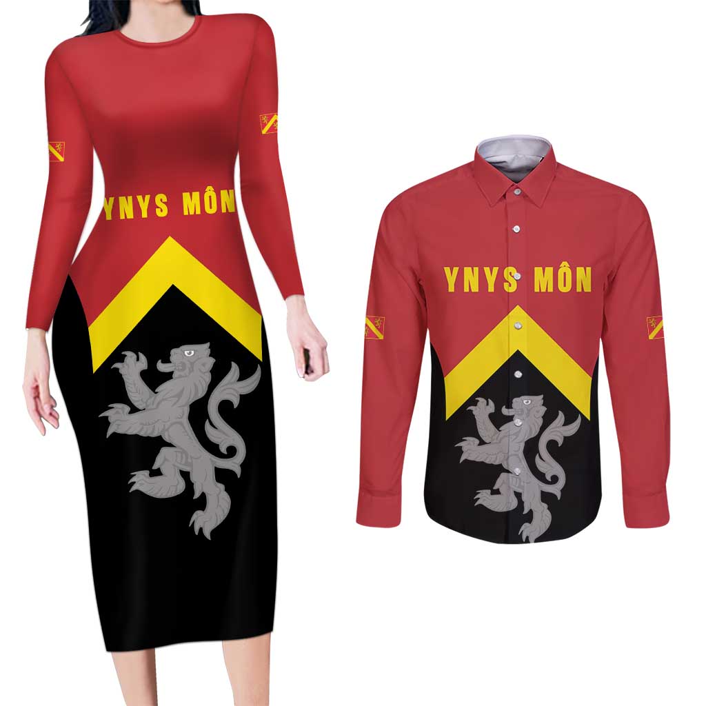 Personalised Anglesey Wales Couples Matching Long Sleeve Bodycon Dress and Long Sleeve Button Shirt Ynys Mon Welsh Lion Flag Design - Wonder Print Shop