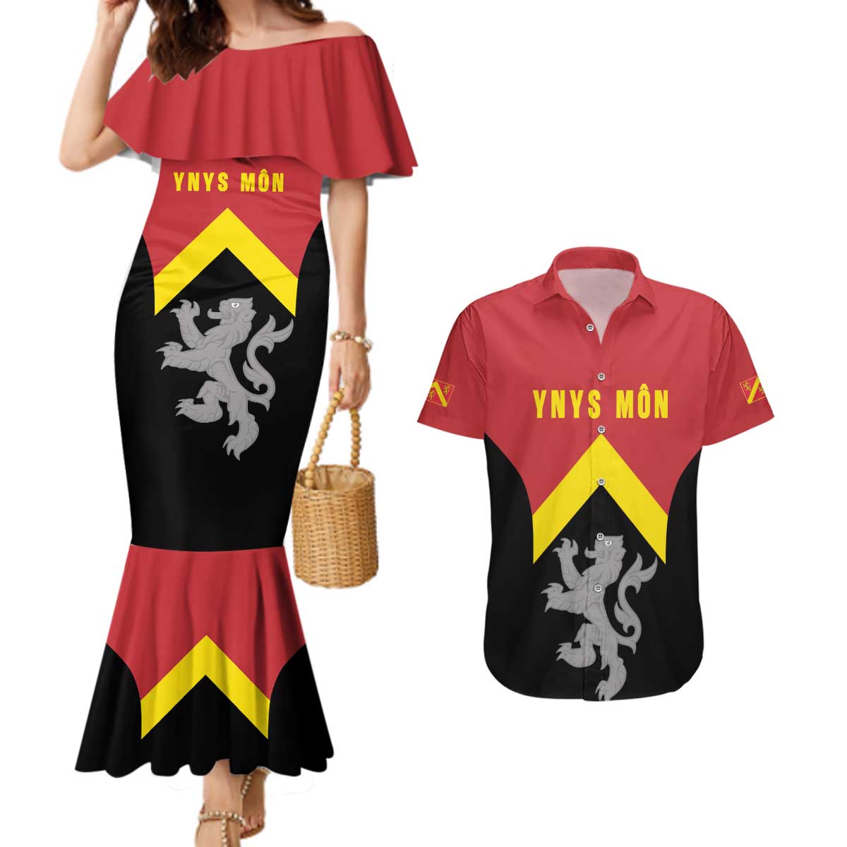Personalised Anglesey Wales Couples Matching Mermaid Dress and Hawaiian Shirt Ynys Mon Welsh Lion Flag Design - Wonder Print Shop