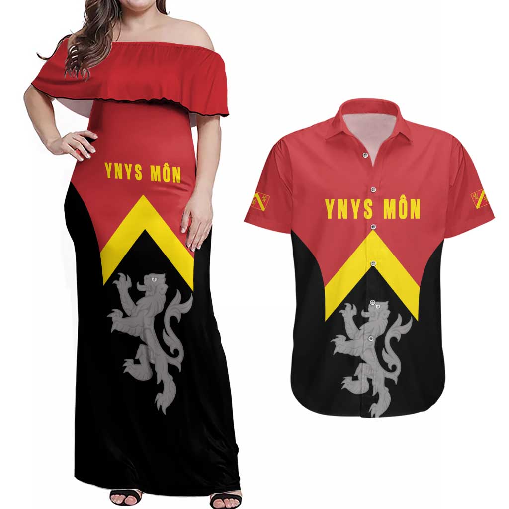 Personalised Anglesey Wales Couples Matching Off Shoulder Maxi Dress and Hawaiian Shirt Ynys Mon Welsh Lion Flag Design - Wonder Print Shop