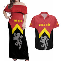 Personalised Anglesey Wales Couples Matching Off Shoulder Maxi Dress and Hawaiian Shirt Ynys Mon Welsh Lion Flag Design - Wonder Print Shop