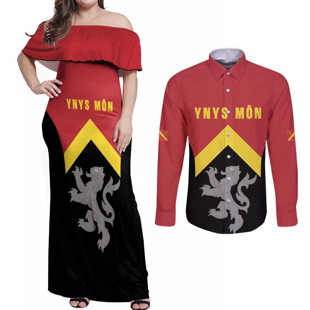 Personalised Anglesey Wales Couples Matching Off Shoulder Maxi Dress and Long Sleeve Button Shirt Ynys Mon Welsh Lion Flag Design - Wonder Print Shop