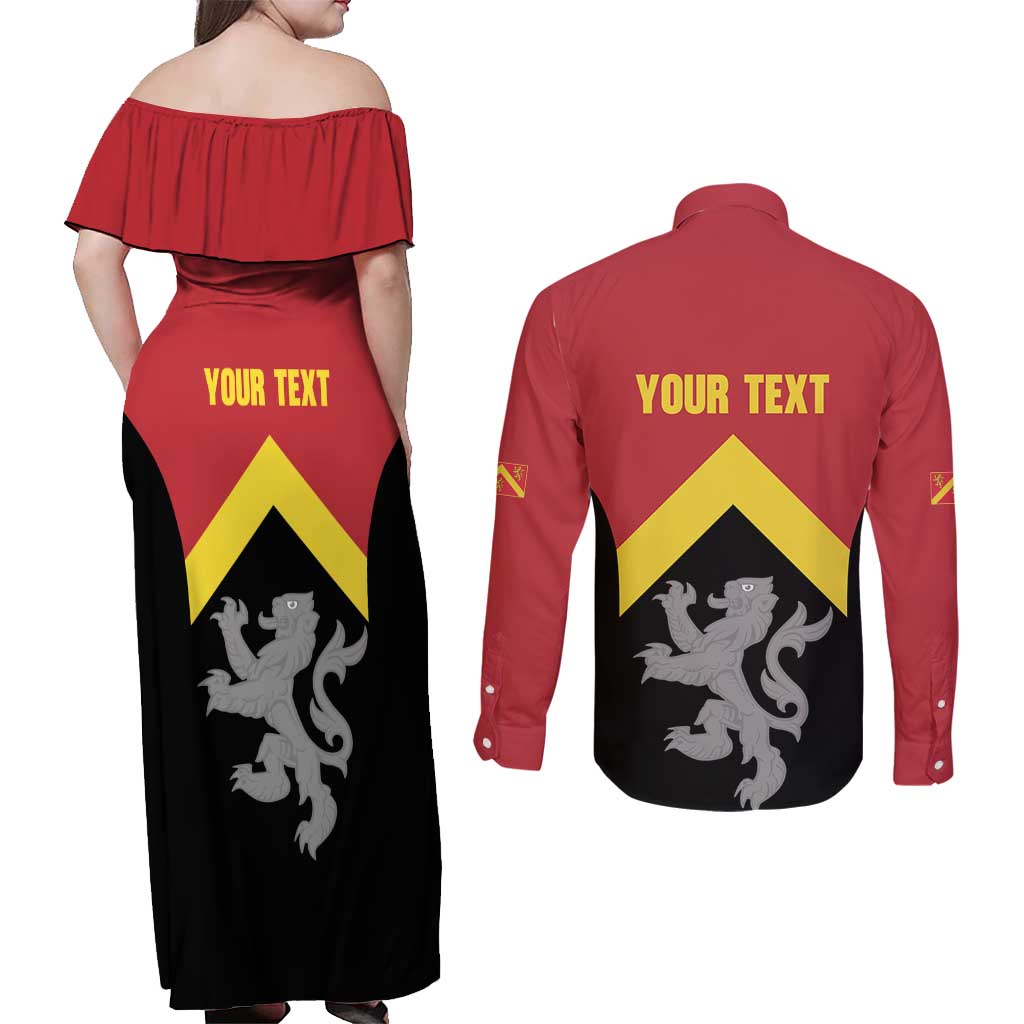 Personalised Anglesey Wales Couples Matching Off Shoulder Maxi Dress and Long Sleeve Button Shirt Ynys Mon Welsh Lion Flag Design - Wonder Print Shop