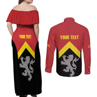 Personalised Anglesey Wales Couples Matching Off Shoulder Maxi Dress and Long Sleeve Button Shirt Ynys Mon Welsh Lion Flag Design - Wonder Print Shop