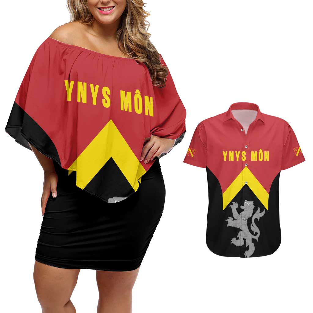 Personalised Anglesey Wales Couples Matching Off Shoulder Short Dress and Hawaiian Shirt Ynys Mon Welsh Lion Flag Design - Wonder Print Shop