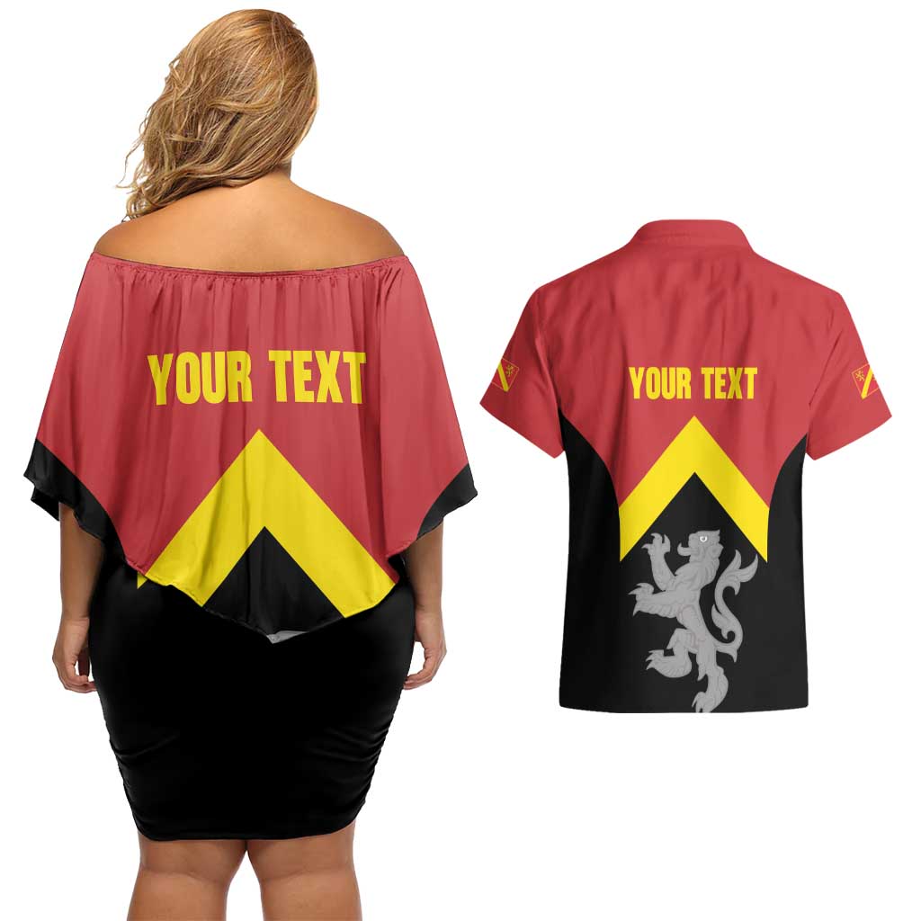 Personalised Anglesey Wales Couples Matching Off Shoulder Short Dress and Hawaiian Shirt Ynys Mon Welsh Lion Flag Design - Wonder Print Shop