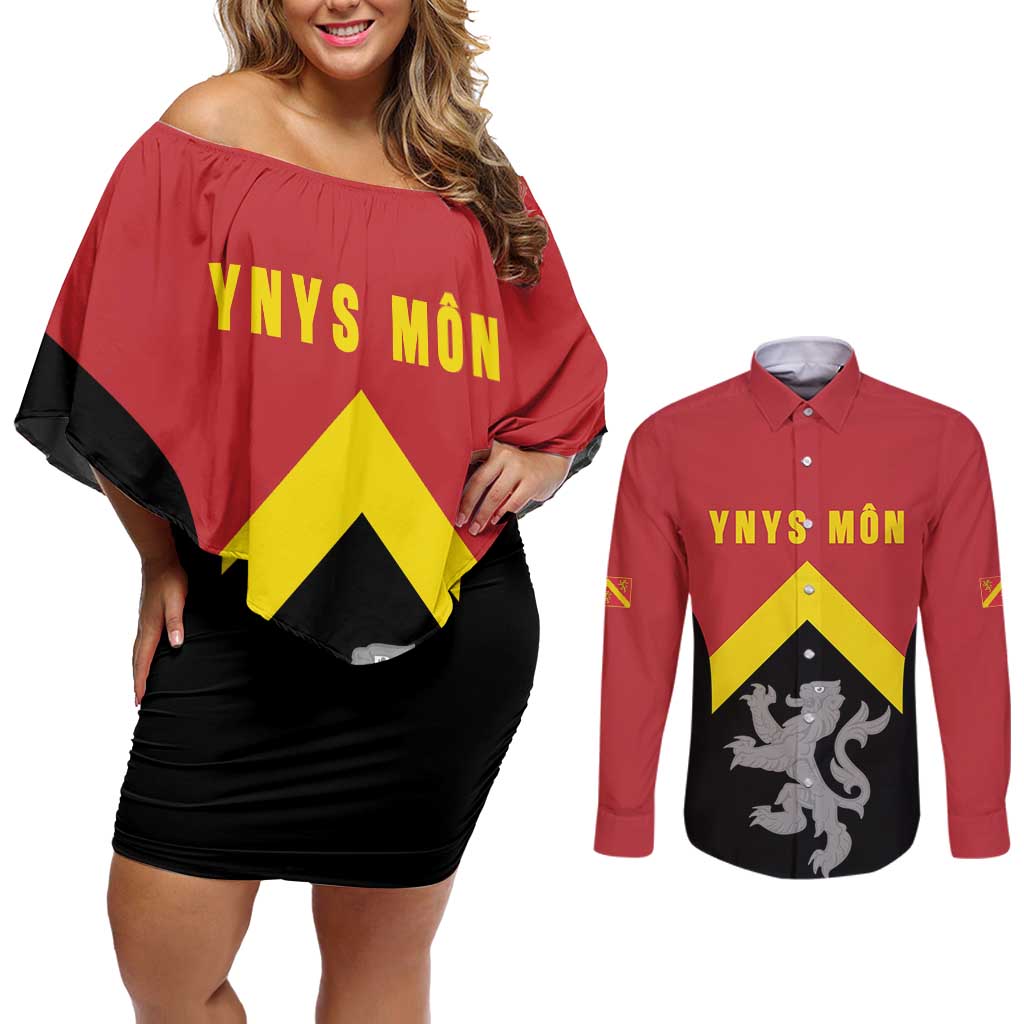 Personalised Anglesey Wales Couples Matching Off Shoulder Short Dress and Long Sleeve Button Shirt Ynys Mon Welsh Lion Flag Design - Wonder Print Shop