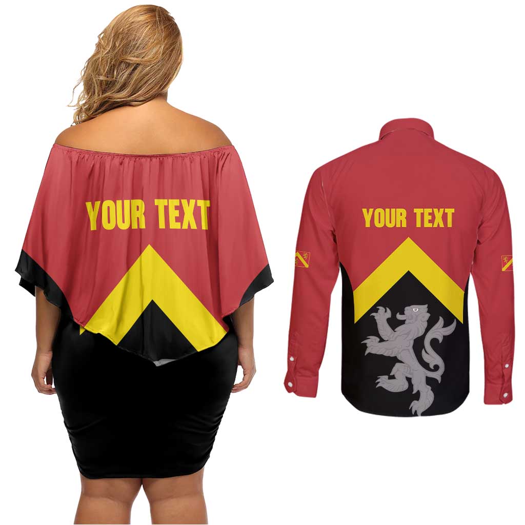 Personalised Anglesey Wales Couples Matching Off Shoulder Short Dress and Long Sleeve Button Shirt Ynys Mon Welsh Lion Flag Design - Wonder Print Shop