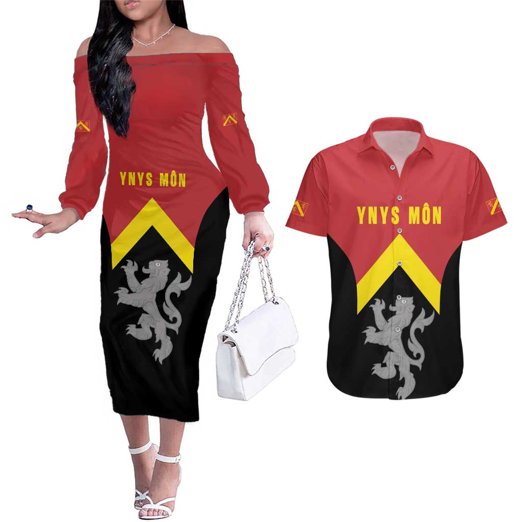 Personalised Anglesey Wales Couples Matching Off The Shoulder Long Sleeve Dress and Hawaiian Shirt Ynys Mon Welsh Lion Flag Design - Wonder Print Shop