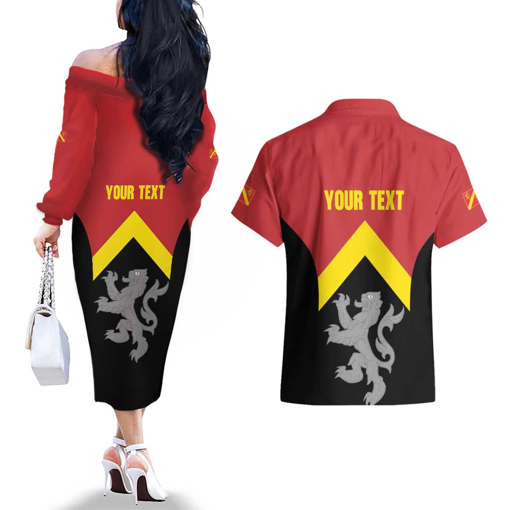 Personalised Anglesey Wales Couples Matching Off The Shoulder Long Sleeve Dress and Hawaiian Shirt Ynys Mon Welsh Lion Flag Design - Wonder Print Shop