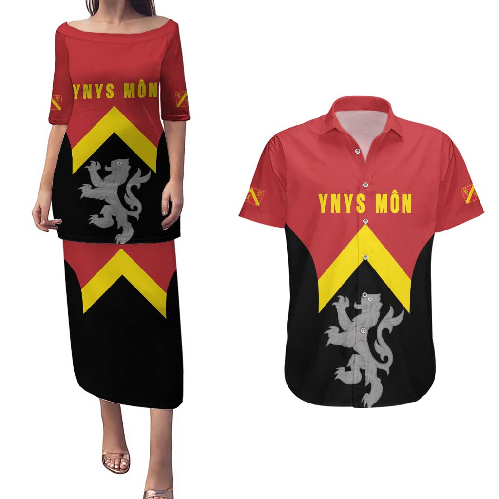 Personalised Anglesey Wales Couples Matching Puletasi and Hawaiian Shirt Ynys Mon Welsh Lion Flag Design - Wonder Print Shop