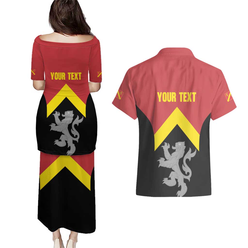 Personalised Anglesey Wales Couples Matching Puletasi and Hawaiian Shirt Ynys Mon Welsh Lion Flag Design - Wonder Print Shop