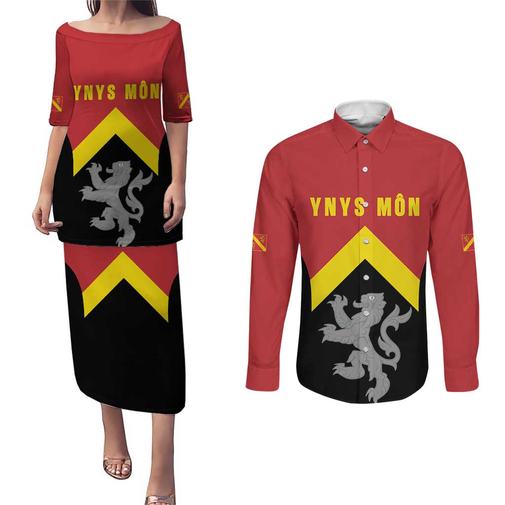 Personalised Anglesey Wales Couples Matching Puletasi and Long Sleeve Button Shirt Ynys Mon Welsh Lion Flag Design - Wonder Print Shop