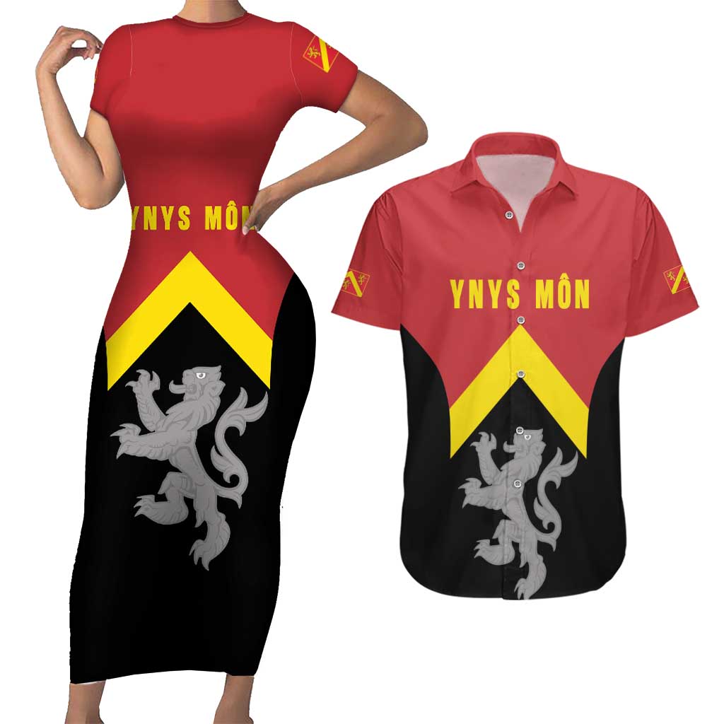 Personalised Anglesey Wales Couples Matching Short Sleeve Bodycon Dress and Hawaiian Shirt Ynys Mon Welsh Lion Flag Design - Wonder Print Shop