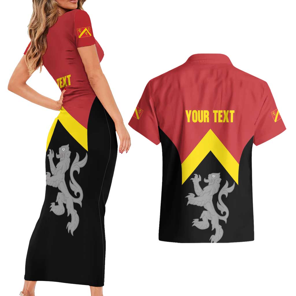 Personalised Anglesey Wales Couples Matching Short Sleeve Bodycon Dress and Hawaiian Shirt Ynys Mon Welsh Lion Flag Design - Wonder Print Shop