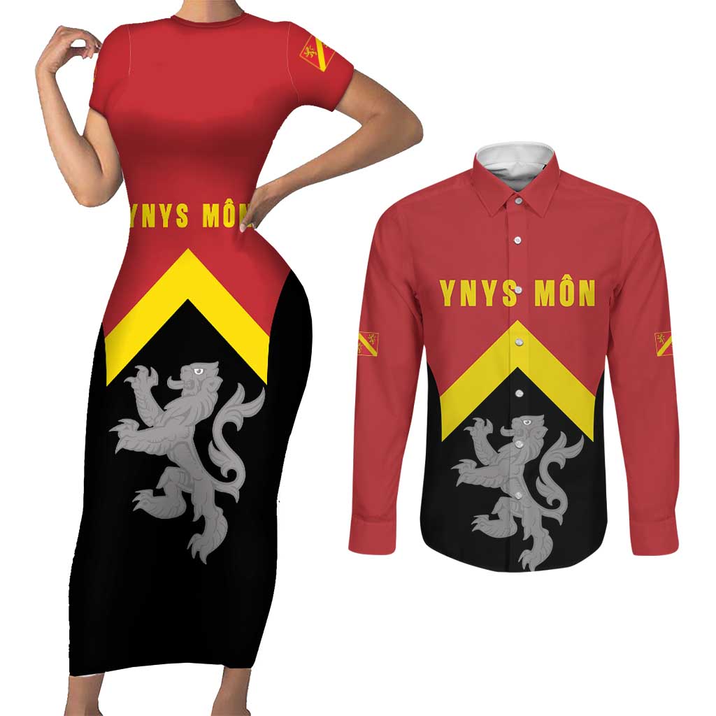 Personalised Anglesey Wales Couples Matching Short Sleeve Bodycon Dress and Long Sleeve Button Shirt Ynys Mon Welsh Lion Flag Design - Wonder Print Shop