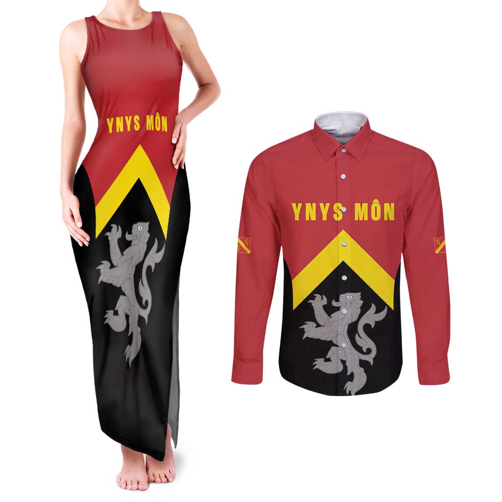 Personalised Anglesey Wales Couples Matching Tank Maxi Dress and Long Sleeve Button Shirt Ynys Mon Welsh Lion Flag Design - Wonder Print Shop