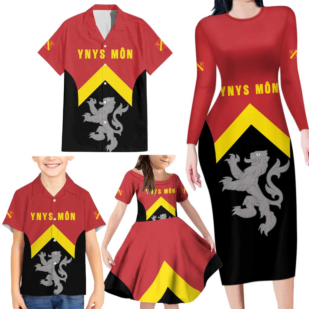 Personalised Anglesey Wales Family Matching Long Sleeve Bodycon Dress and Hawaiian Shirt Ynys Mon Welsh Lion Flag Design - Wonder Print Shop