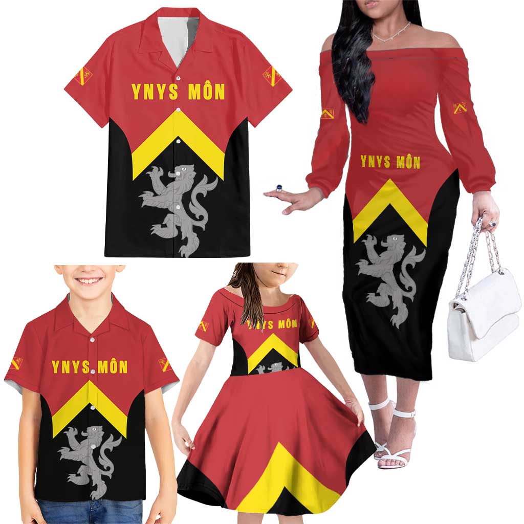 Personalised Anglesey Wales Family Matching Off The Shoulder Long Sleeve Dress and Hawaiian Shirt Ynys Mon Welsh Lion Flag Design - Wonder Print Shop