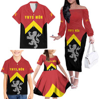 Personalised Anglesey Wales Family Matching Off The Shoulder Long Sleeve Dress and Hawaiian Shirt Ynys Mon Welsh Lion Flag Design - Wonder Print Shop