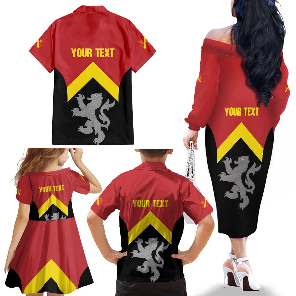 Personalised Anglesey Wales Family Matching Off The Shoulder Long Sleeve Dress and Hawaiian Shirt Ynys Mon Welsh Lion Flag Design - Wonder Print Shop