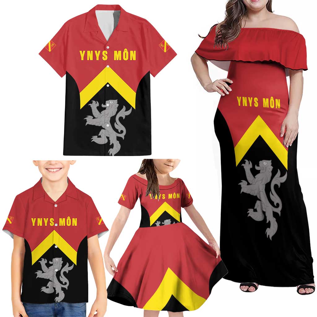 Personalised Anglesey Wales Family Matching Off Shoulder Maxi Dress and Hawaiian Shirt Ynys Mon Welsh Lion Flag Design - Wonder Print Shop
