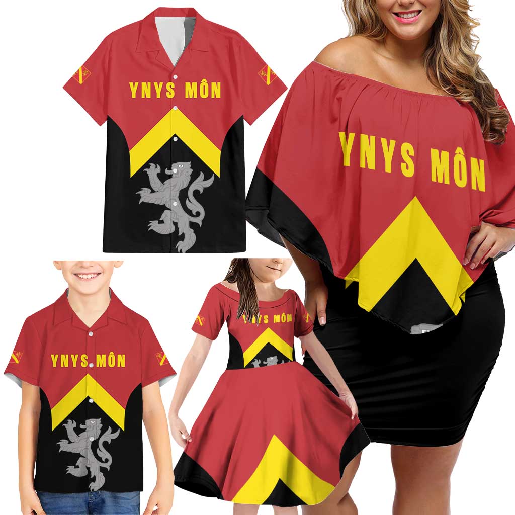 Personalised Anglesey Wales Family Matching Off Shoulder Short Dress and Hawaiian Shirt Ynys Mon Welsh Lion Flag Design - Wonder Print Shop