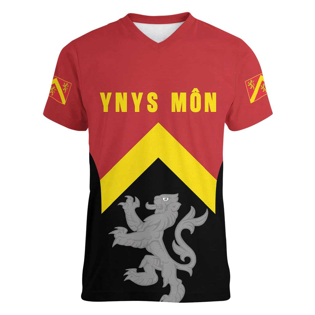 Personalised Anglesey Wales Women V-Neck T-Shirt Ynys Mon Welsh Lion Flag Design - Wonder Print Shop