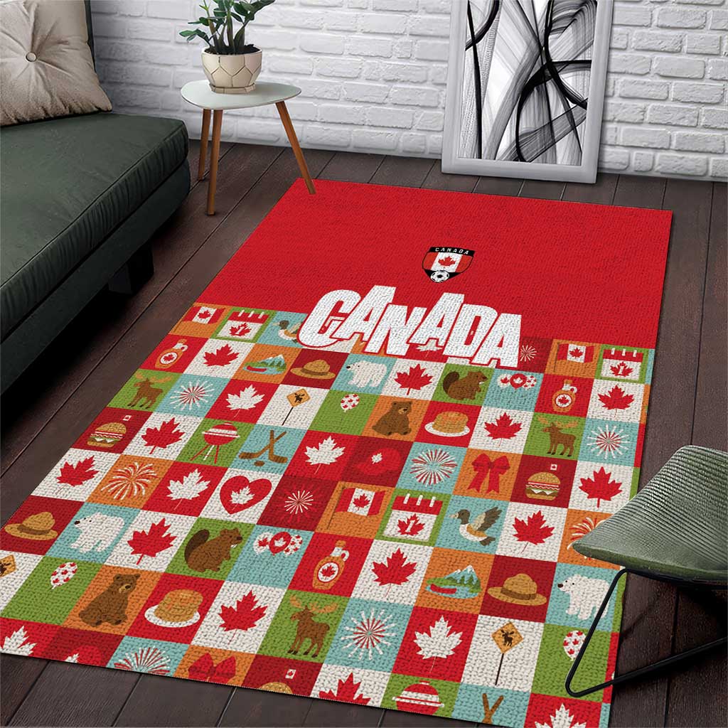 Canada Football Area Rug Patchwork Icons and Maple Leaf Pattern - Wonder Print Shop