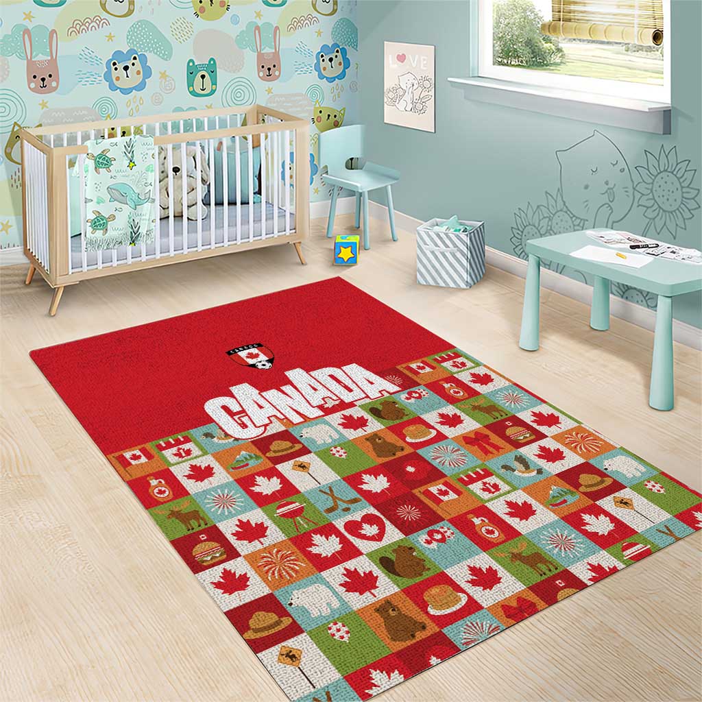 Canada Football Area Rug Patchwork Icons and Maple Leaf Pattern - Wonder Print Shop