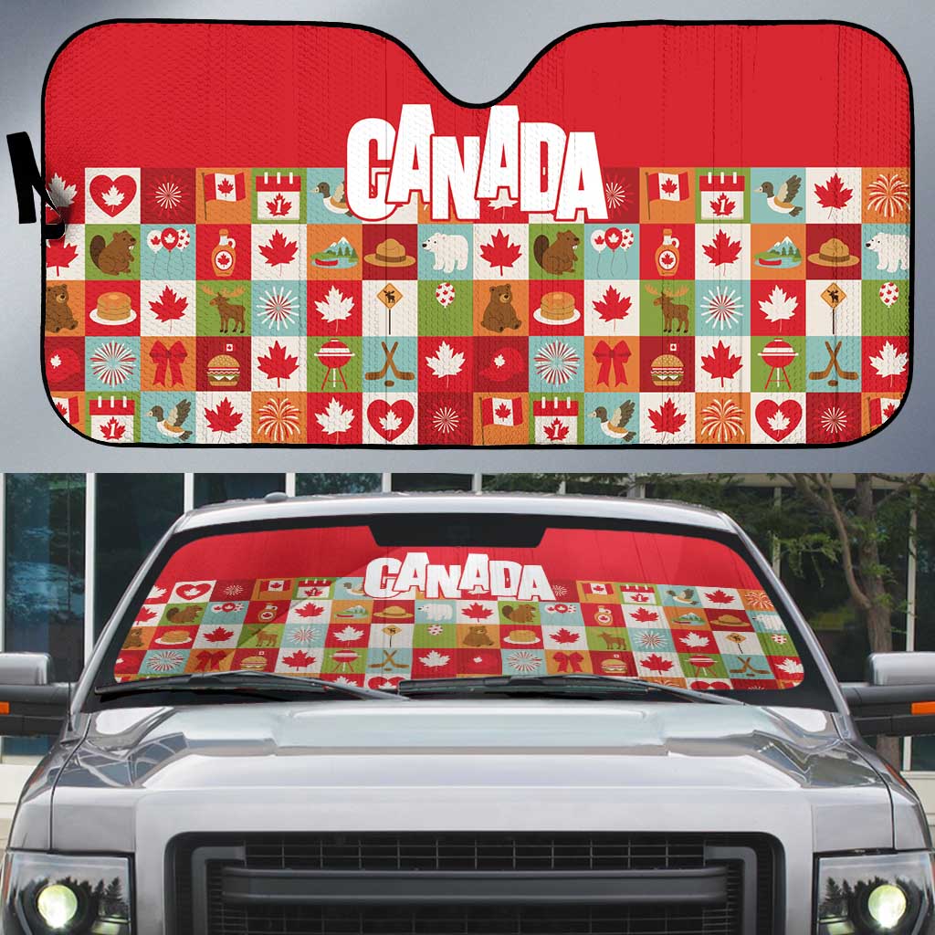 Canada Football Auto Sun Shade Patchwork Icons and Maple Leaf Pattern - Wonder Print Shop