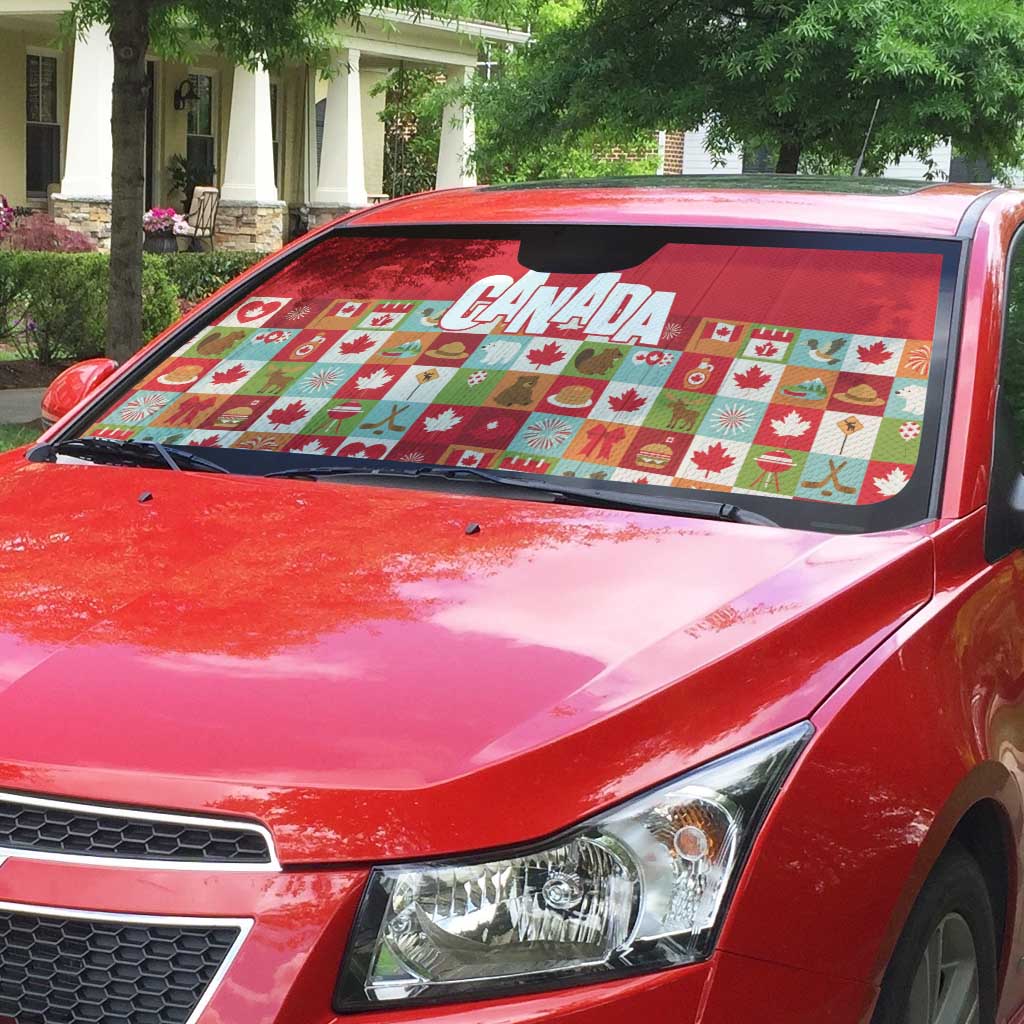 Canada Football Auto Sun Shade Patchwork Icons and Maple Leaf Pattern - Wonder Print Shop