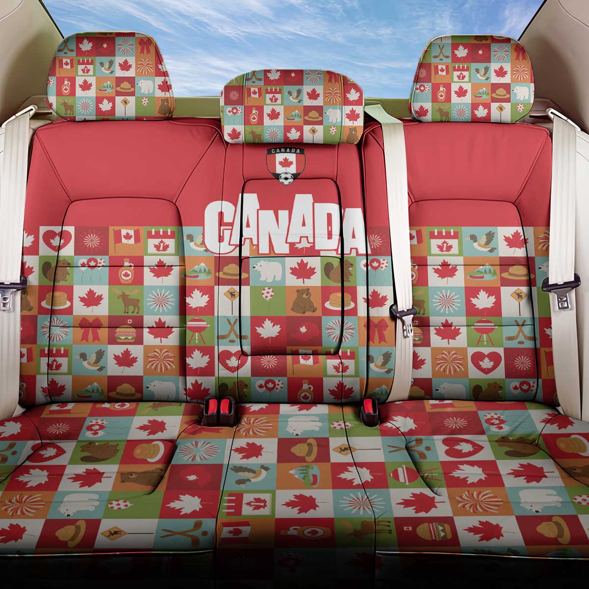 Canada Football Back Car Seat Cover Patchwork Icons and Maple Leaf Pattern - Wonder Print Shop