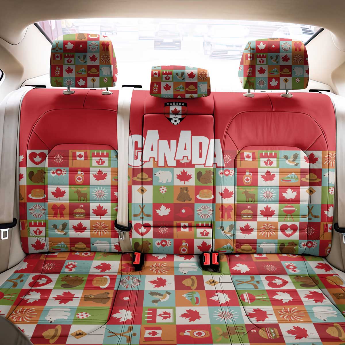 Canada Football Back Car Seat Cover Patchwork Icons and Maple Leaf Pattern - Wonder Print Shop