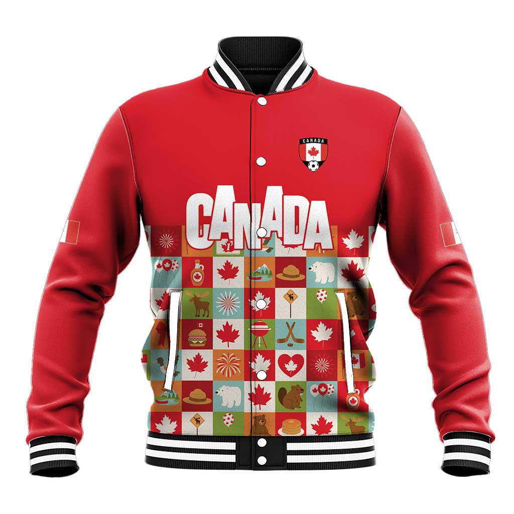 Canada Football Baseball Jacket Patchwork Icons and Maple Leaf Pattern - Wonder Print Shop