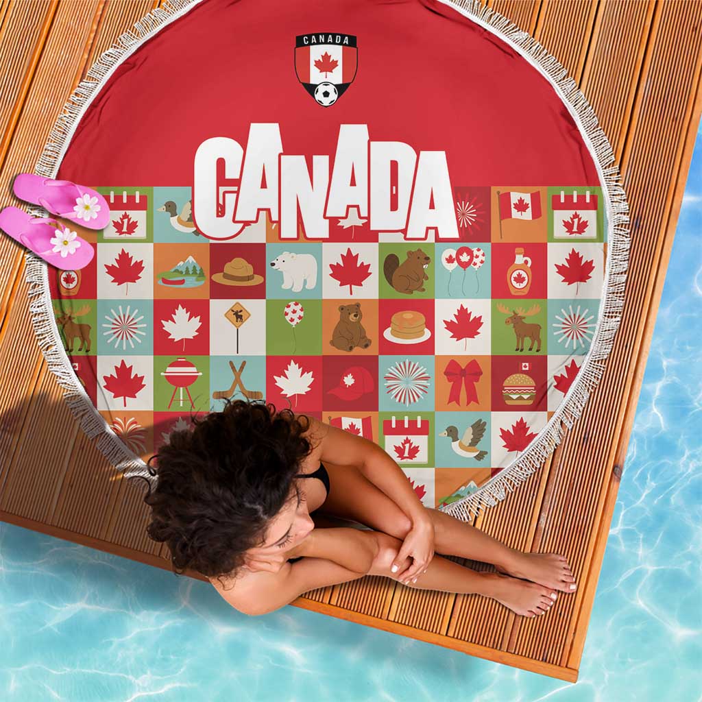 Canada Football Beach Blanket Patchwork Icons and Maple Leaf Pattern - Wonder Print Shop