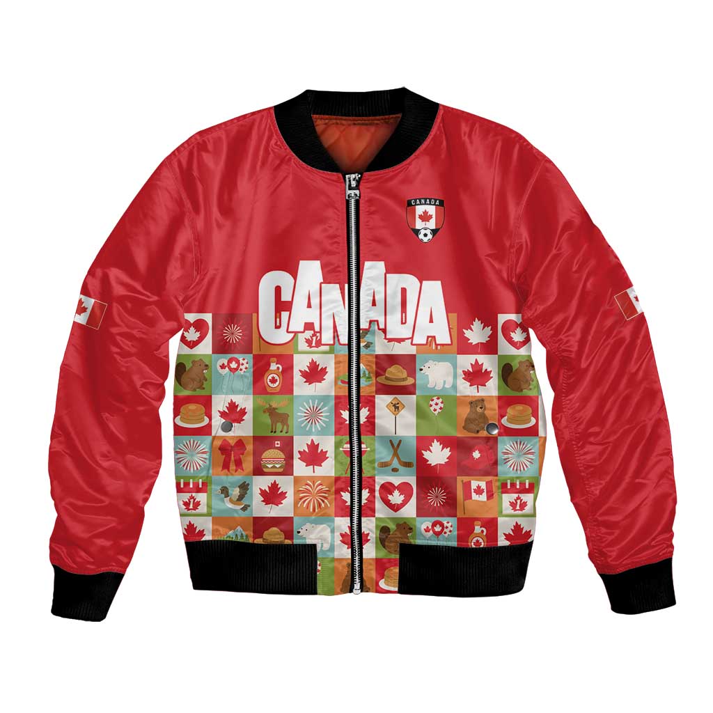 Canada Football Bomber Jacket Patchwork Icons and Maple Leaf Pattern - Wonder Print Shop