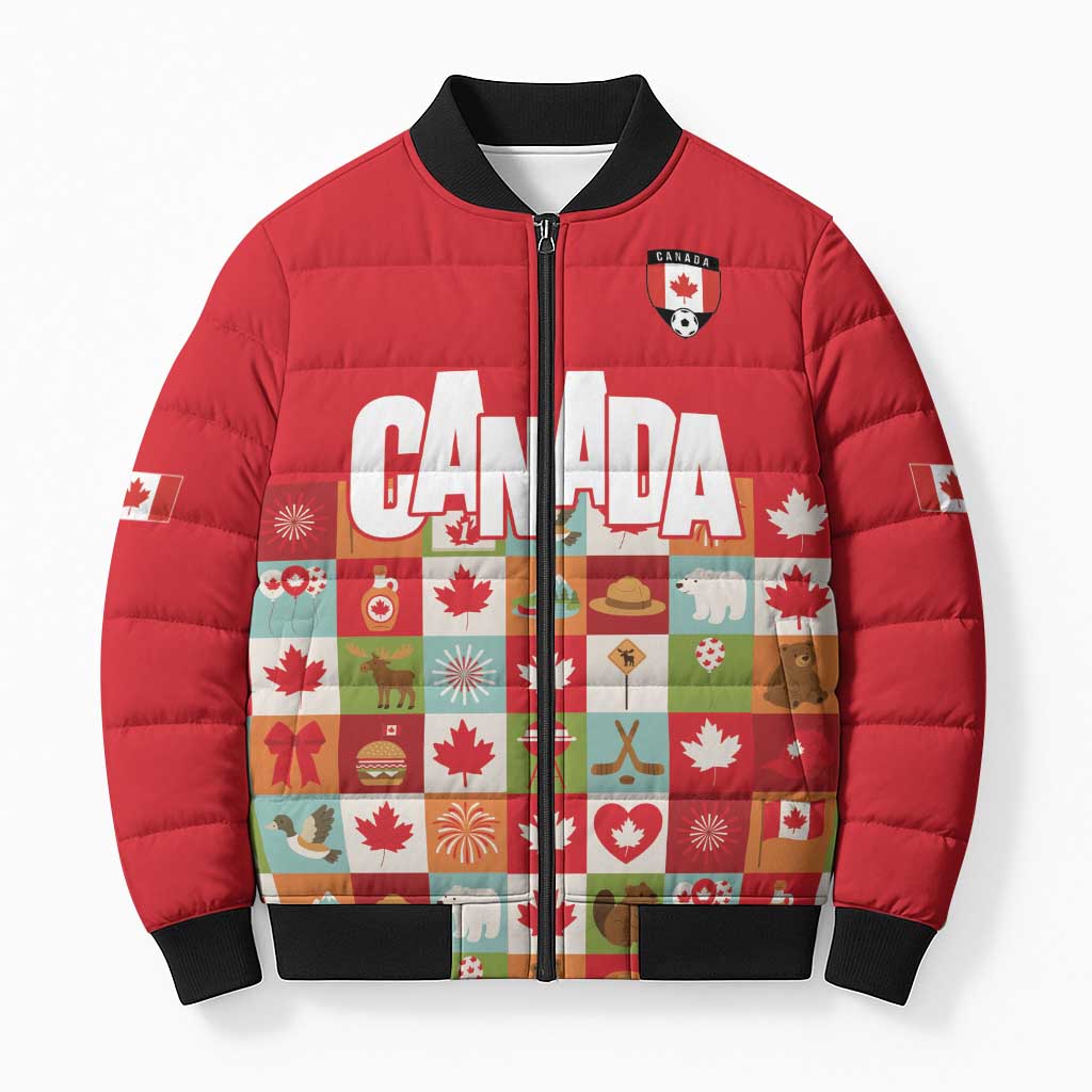 Canada Football Bomber Puffer Jacket Patchwork Icons and Maple Leaf Pattern - Wonder Print Shop