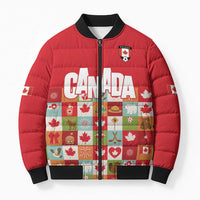 Canada Football Bomber Puffer Jacket Patchwork Icons and Maple Leaf Pattern - Wonder Print Shop