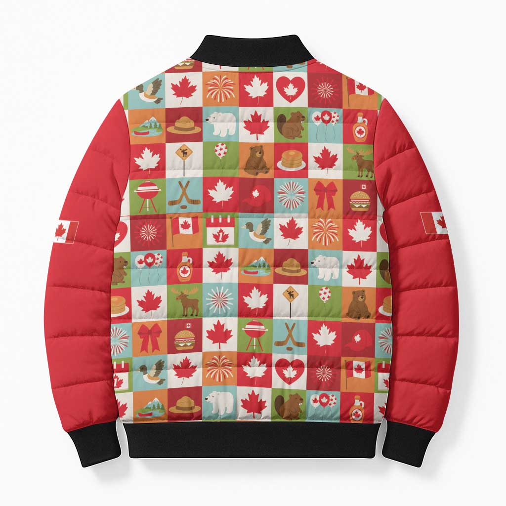 Canada Football Bomber Puffer Jacket Patchwork Icons and Maple Leaf Pattern - Wonder Print Shop