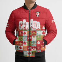 Canada Football Bomber Puffer Jacket Patchwork Icons and Maple Leaf Pattern - Wonder Print Shop