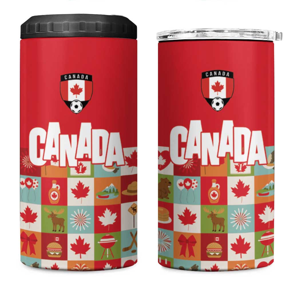 Canada Football 4 in 1 Can Cooler Tumbler Patchwork Icons and Maple Leaf Pattern - Wonder Print Shop